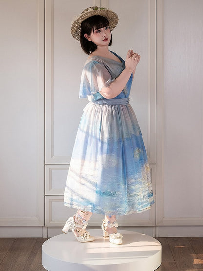 Blue Ocean Oil Painting Print Butterfly Sleeves Elegant Lolita Maxi Dress with Cowl Neckline