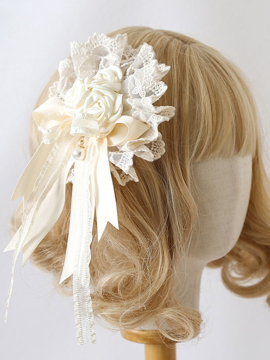 Rose Lace Hairclip Vintage Elegant Beige Floral Bowknot
