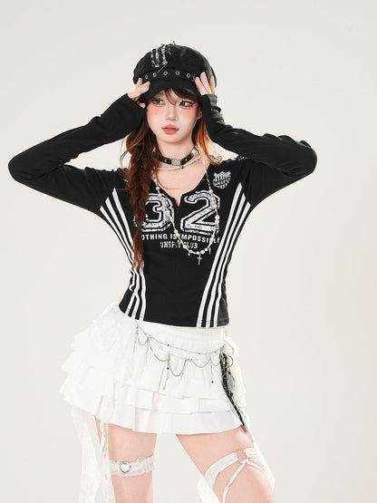 Long Zip-Up Graphic Sleeve Black/Red Print with Top