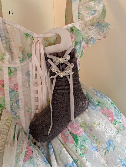 Spitzenbesatzsocken Weiß/Milchig Schleife Lolita Weiß/Schwarz/Rot/Lila/Grau/Braun