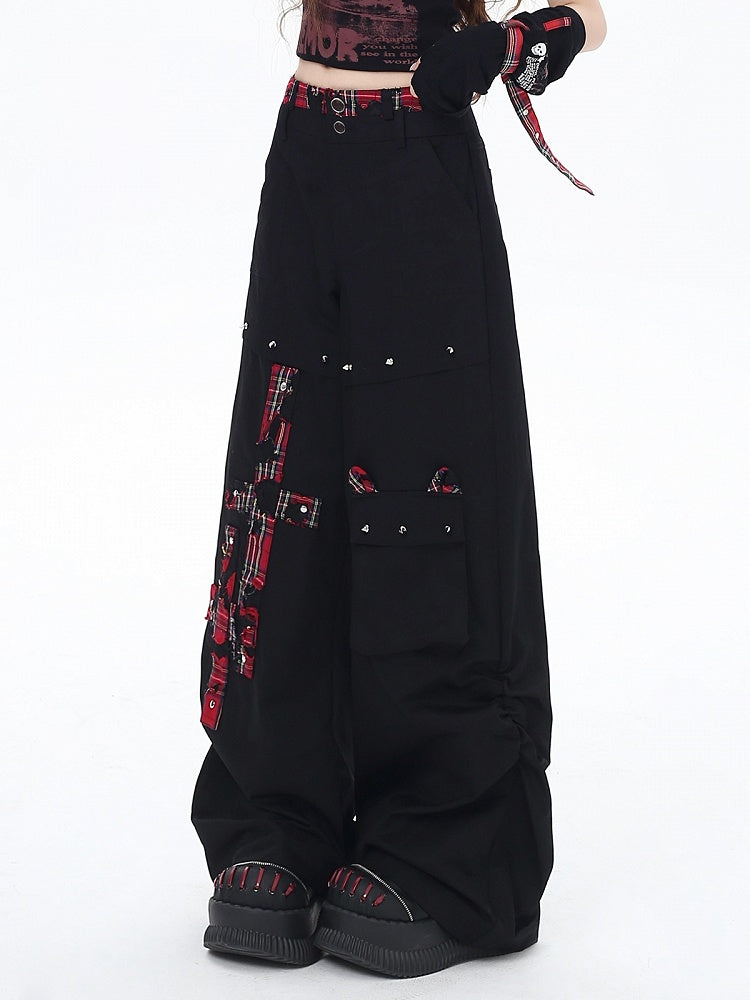 Black and Red Plaid Studs Detail Wide-Leg Pants