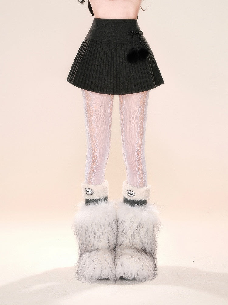 Pompoms Decorated Skirt Bowknot with Black/Gray/White Pleated Detachable