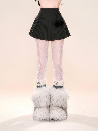 Pompoms Decorated Skirt Bowknot with Black/Gray/White Pleated Detachable