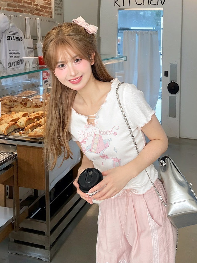 Sweet T-Shirt Big Hem Lettuce Hem White Cake Print Neckline Pins Bow