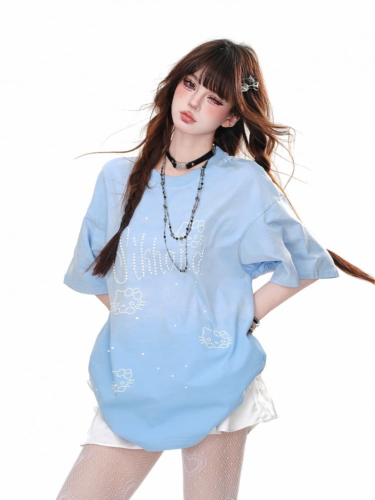 ブルー/ローズレッド ラウンドネック キティ ラインストーン ルーズTシャツ
