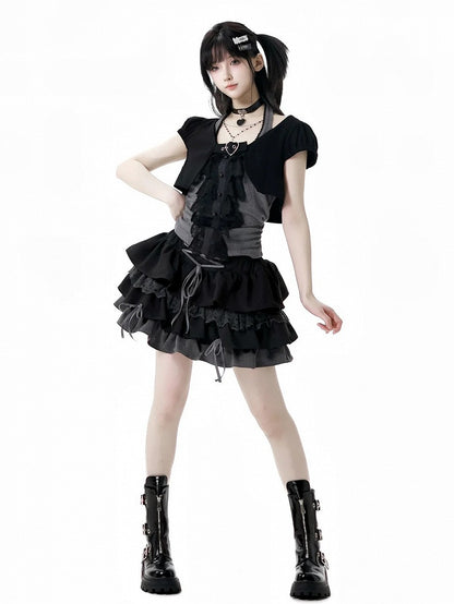 Schwarz-grauer glamouröser Stufenrock mit Schnürdetail