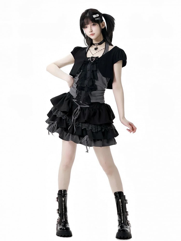 Top Cropped Kurze Herzschnalle Schwarze Ärmel