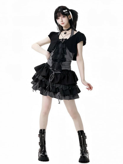 Top Cropped Kurze Herzschnalle Schwarze Ärmel