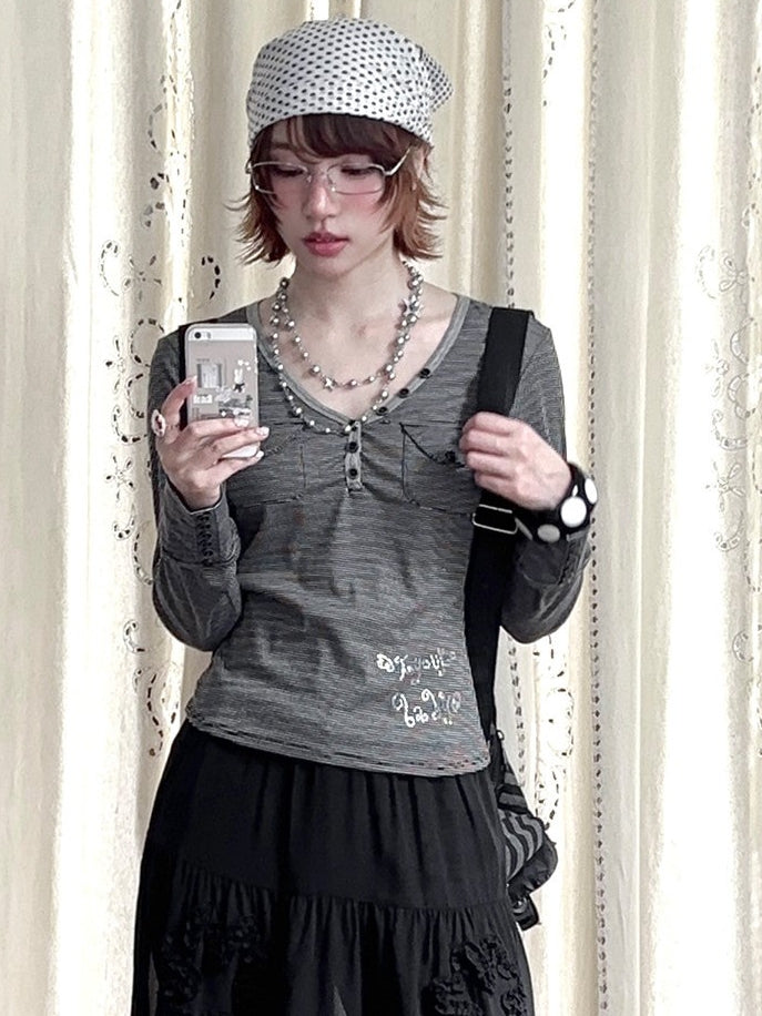 Top Daily Pocket Accents Grey Kawaii Dark Long Sleeve with V-neckline Striped