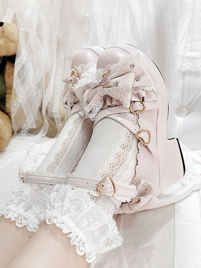 Pink Jirai Kei Platform Block Heels with Heart Buckles & Crisscross Bow Top - Transfer Student