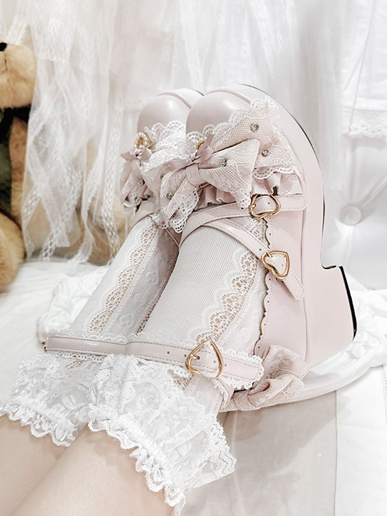 Pink Jirai Kei Platform Block Heels with Heart Buckles & Crisscross Bow Top - Transfer Student