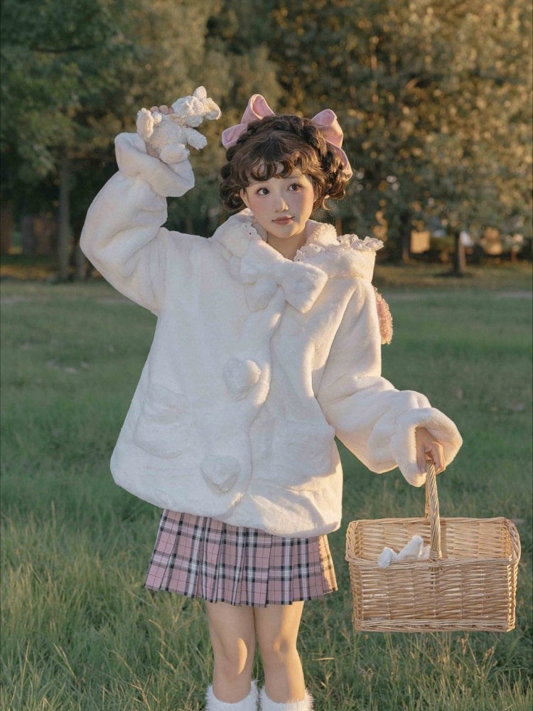 白いキュートなラムの耳付きフード付き冬用着心地の良いプラッシュコート