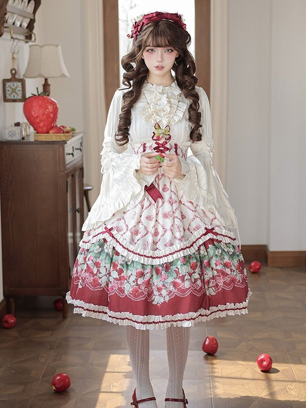 Elastic-Waist Lolita Skirt Featuring Strawberry Floral Motif - Currant