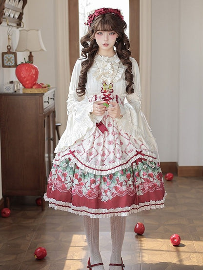 Elastic-Waist Lolita Skirt Featuring Strawberry Floral Motif - Currant
