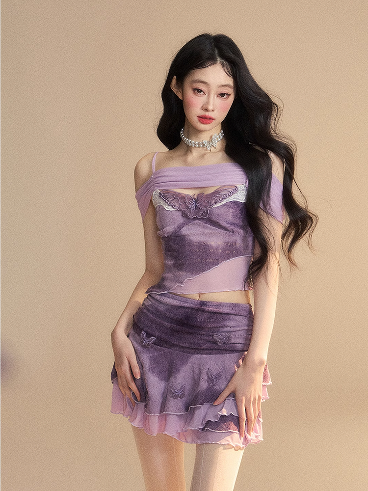 Ausschnitt Schmetterling Stickerei Top/Schmetterling Akzente Applikation Glamourös Stufenrock Lavendel Off-the-shoulder