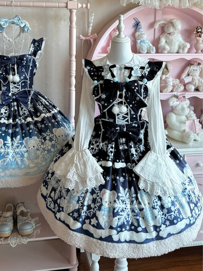 Winter Sweet Lolita Black-Dark Blue Gradient Dress with Teddy and Snowflake Print