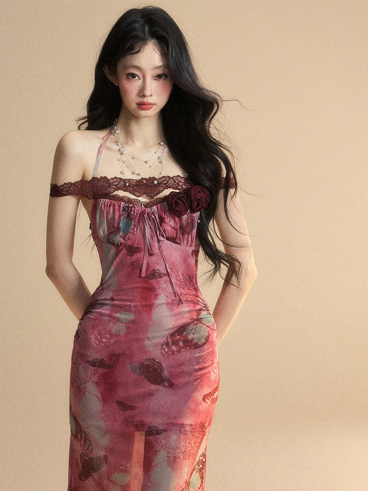 Dress Neck Accents Brick Long Red Halter Version Butterfly Print Backless Bodycon Rosette