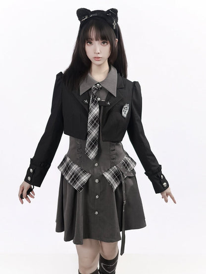 Preppy Striped Black Puff Sleeve Cropped Blazer - PINK SAVIOR
