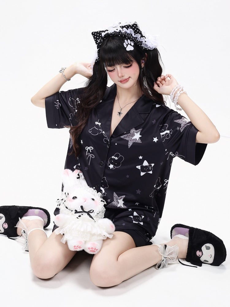 Black Daily Kawaii Bunny Print Loungewear Set Short Sleeve Top Shorts - CRAZY GIRL