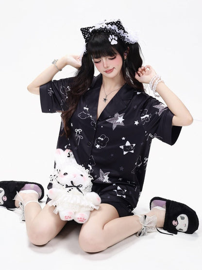 Black Daily Kawaii Bunny Print Loungewear Set Short Sleeve Top Shorts - CRAZY GIRL