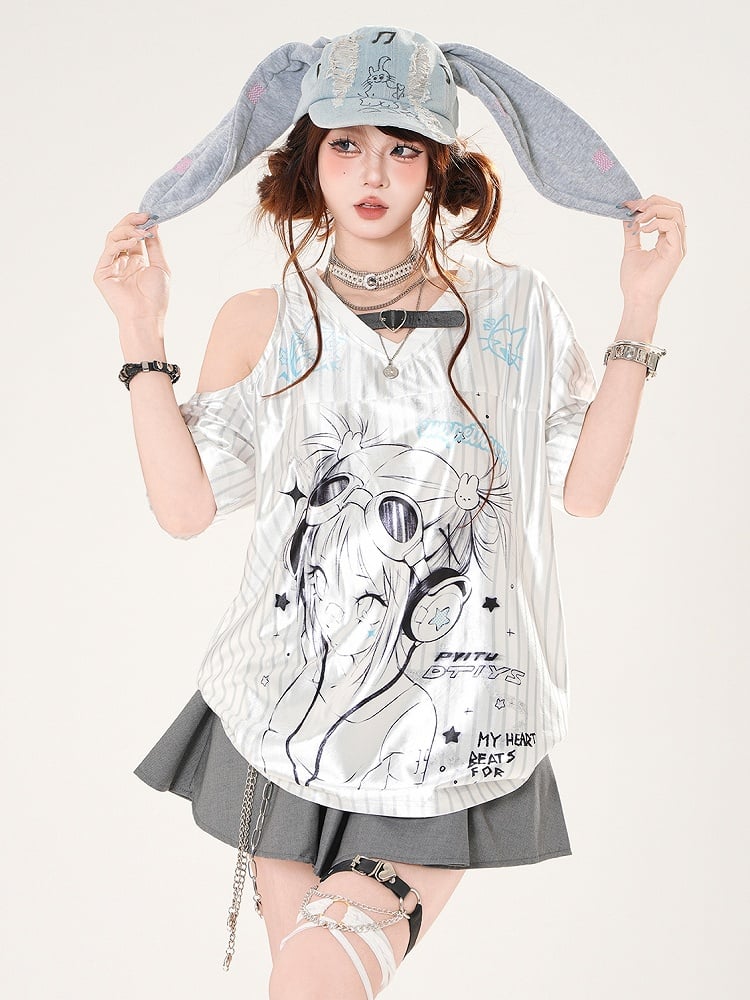 Satin Anime Girl Print Cutout Shoulder T-shirt White Pattern Striped V-neck