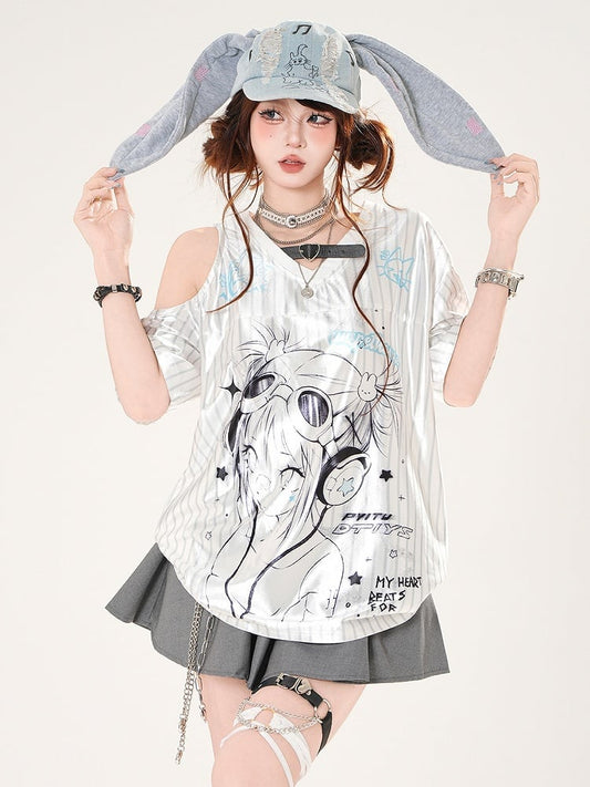 Satin Anime Girl Print Cutout Shoulder T-shirt White Pattern Striped V-neck