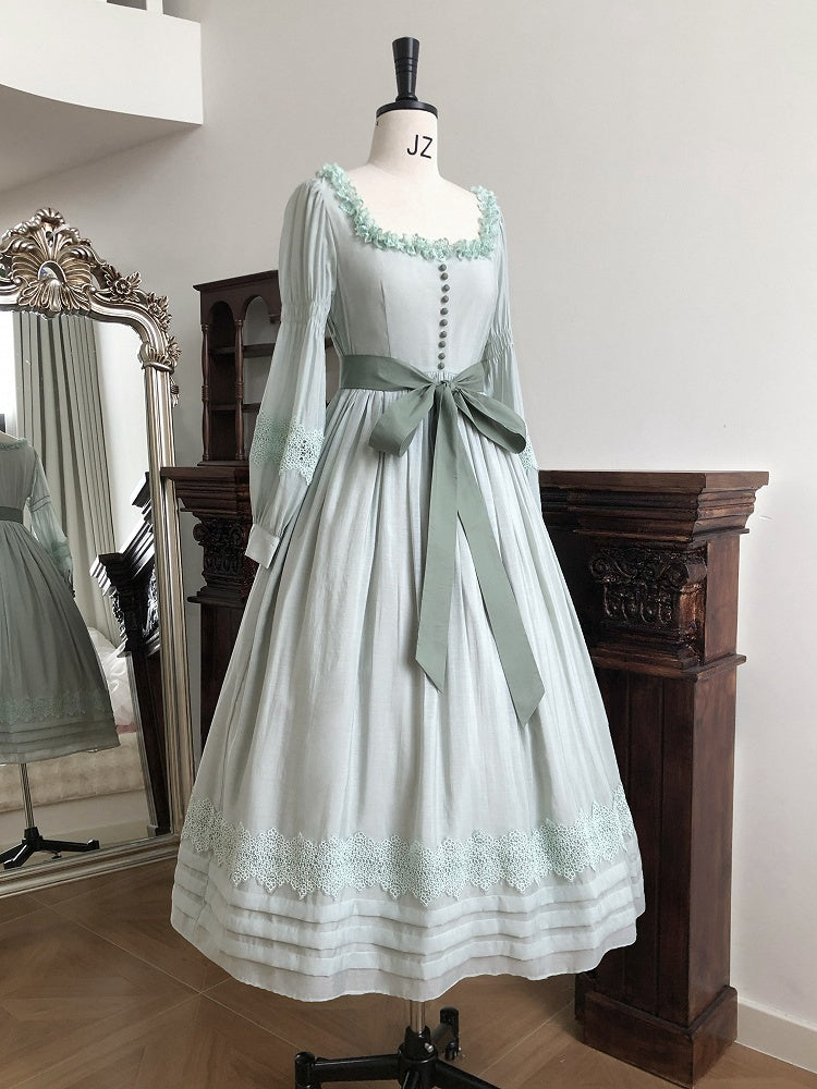 Green Square Neck Classic Lolita Long Sleeve OP