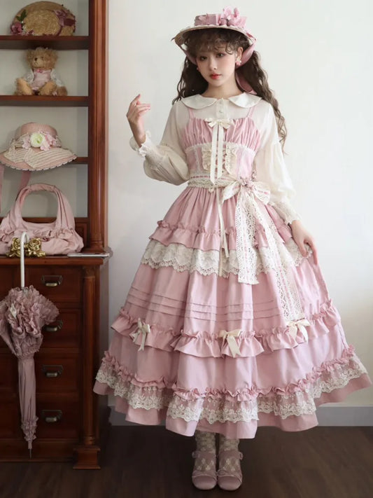 Rüschenblüte Lolita Kleid Outfit Rosa Träger Kirsche Verstellbar Festival Pullover Stil Sakura Rock Haus