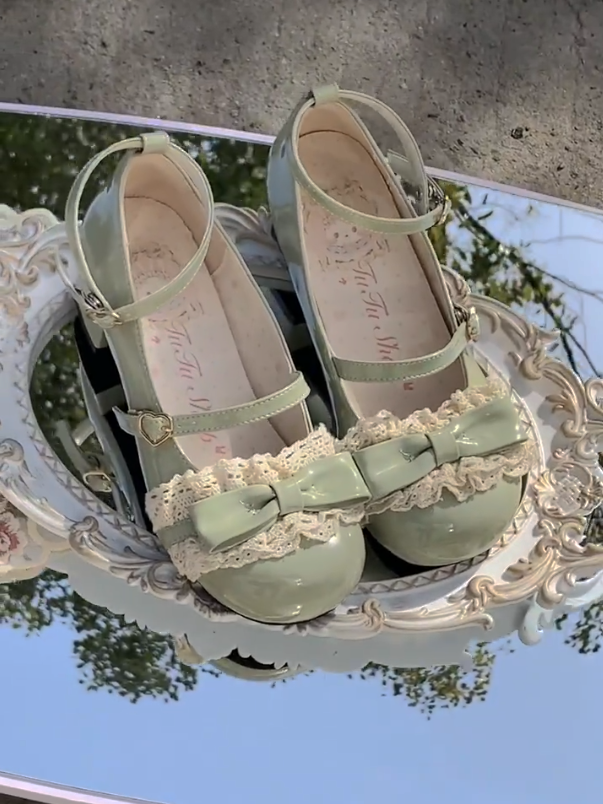 Lace Shoes Low Mary Jane PU Green - with Lolita Heel Leather Detail