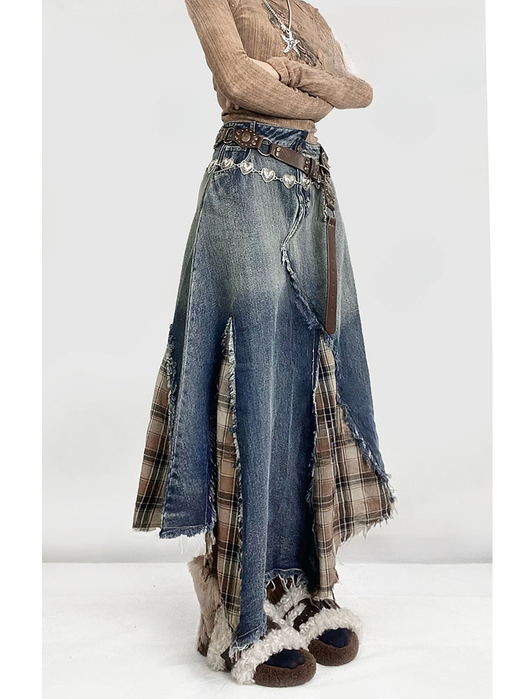 Denim&Plaid Patchwork Asymmetrical Hem Skirt