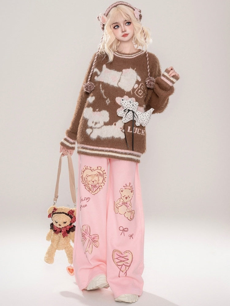 かわいい子犬が飾られたコーヒー/アプリコットの子犬柄ラウンドネックモヘアセーター