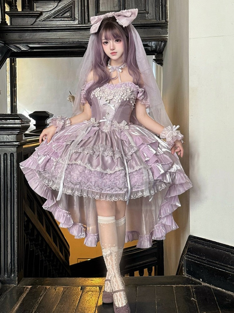 Lace Basque Blooming Flower Accents Hime Fluffy Lolita with Waist Layered Dress Purple