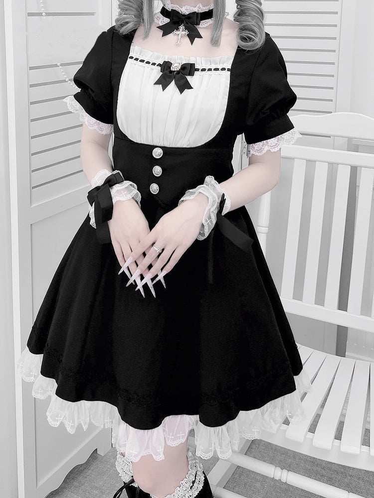 Puff-Design, weiße Ärmel, voller Jirai-Besatz, schwarzes Korsett, Kei-Kleid, Spitzengürtel-Set und