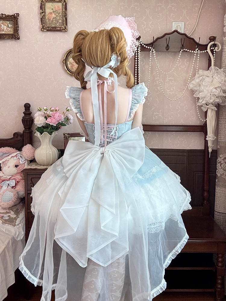 Lolita Light Sleeves Balletcore Blue Jumper Sweet Flutter Three-layered Tiered Skirt