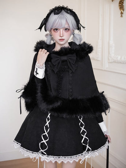 Cape Winter Black with Cat Ear Faux Fur Lolita Trim Hooded