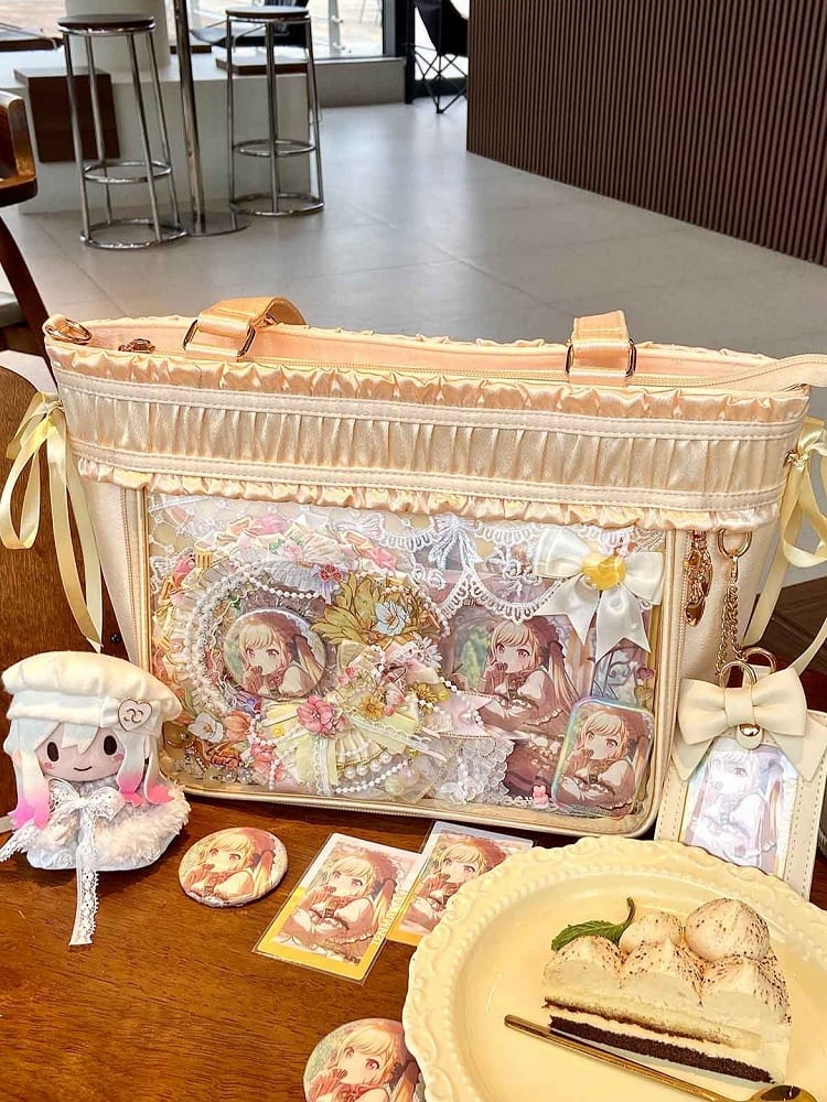 イエロートリムリボンボウラージイタバッグ大容量トートバッグフリル付き