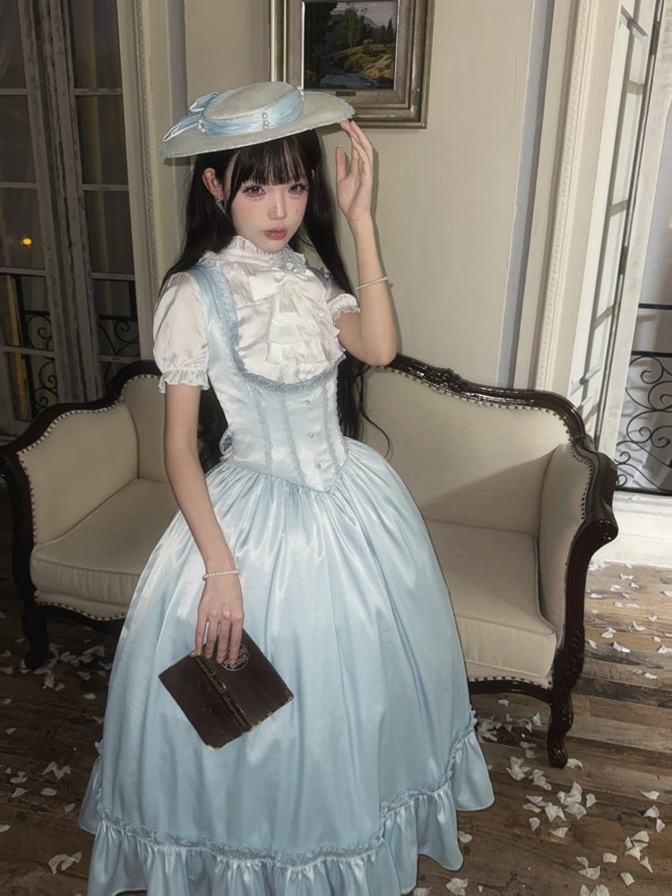 Light Blue Satin Basque Waist Under Bust Elegant Lolita JSK - Alice in Wonderland Lolita