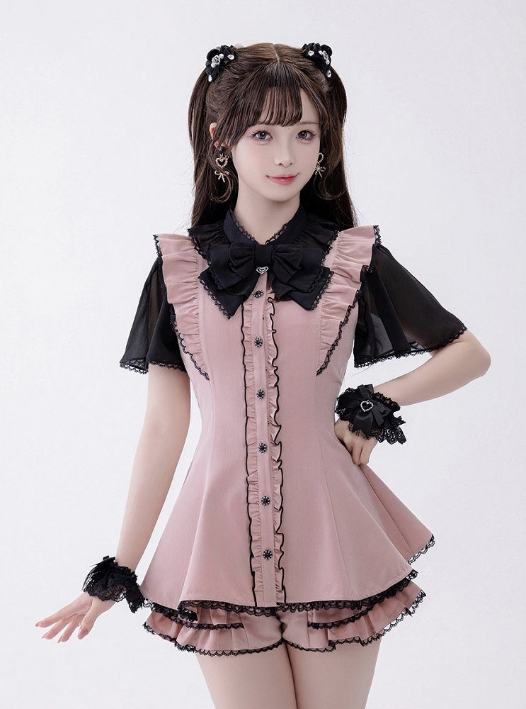 Black and Pink Chiffon Ruffle Dress with Lace, Shorts, and Bow Set - Fluffy Heart