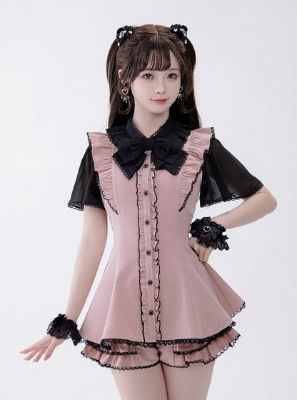 Black and Pink Chiffon Ruffle Dress with Lace, Shorts, and Bow Set - Fluffy Heart