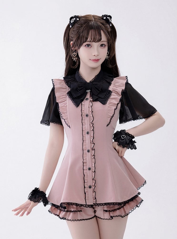 Chiffon Ruffle Dress with Lace Trim and Bow Set - Fluffy Heart
