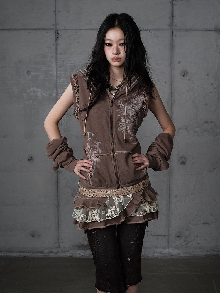 Lace Wasteland with Dress Khaki Hoodie Punk Y2K Tiered Detachable Trim Sleeves