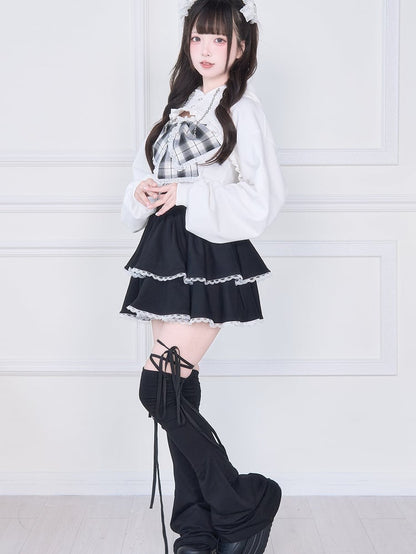 Bow White Tank Cropped Hoodie with Kei Open-Bust Two-Piece Set: Oversized Jirai Plaid