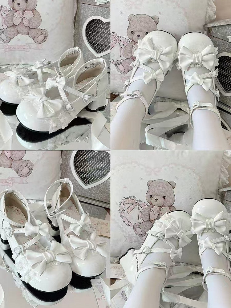 Bow Crisscross Heels White in Sweet Mid Cat with Straps Accents Lolita Heel