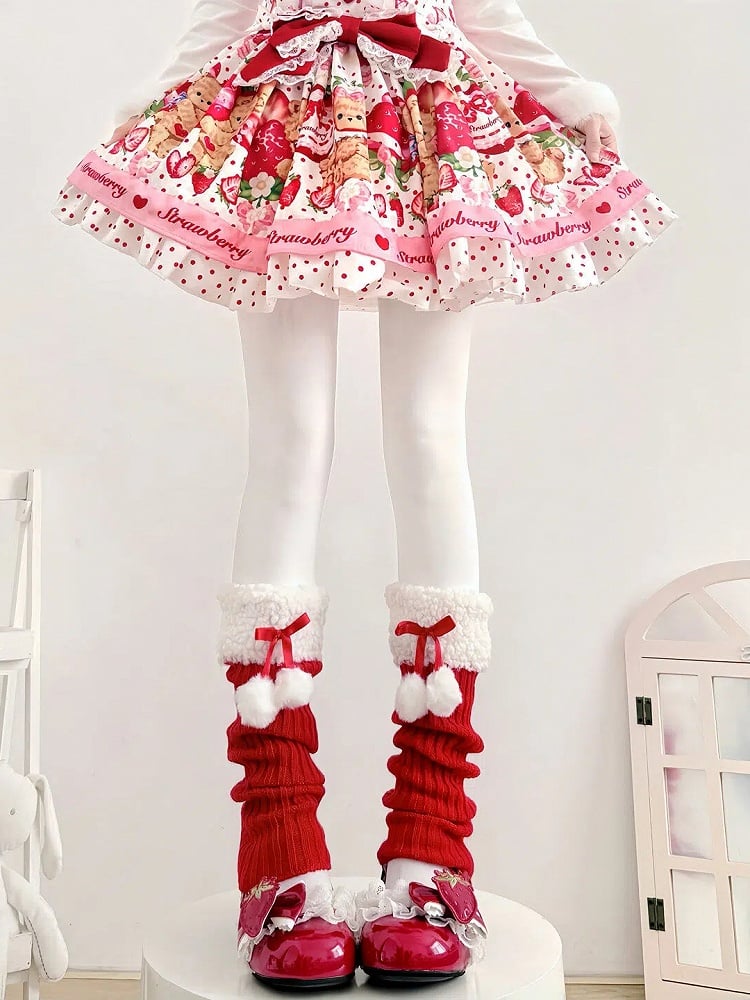Cuff Furry Warmers Leg White with Red Pom-pom