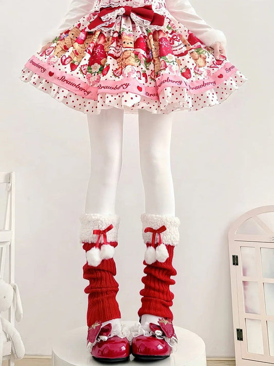 Cuff Furry Warmers Leg White with Red Pom-pom