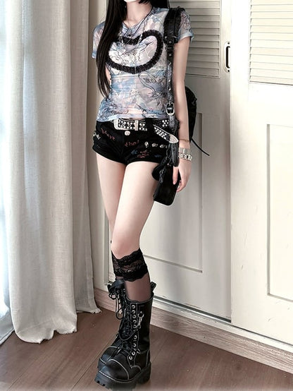 T-Shirt Blue Sweetheart Ruffle Graphic Mesh