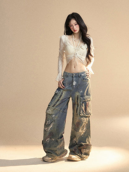 花飾りレースアプリコットベルスリーブバタフライセットクロップドトップグラマラストップ