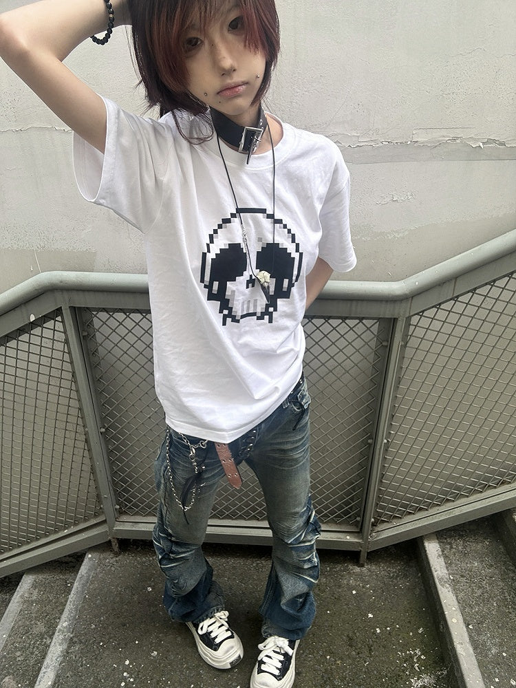 Pixel Rundhals T-Shirt Skelett Print Baumwolle Schwarz/Weiß