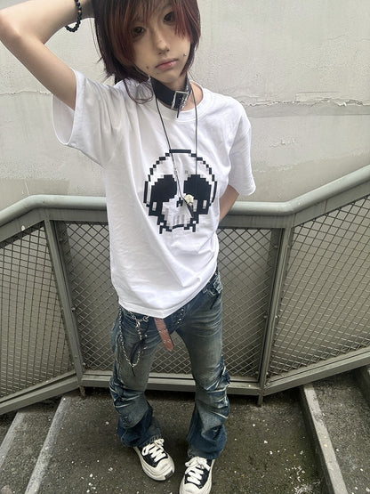 Pixel Round Neck T-Shirt Skeleton Print Cotton Black/White