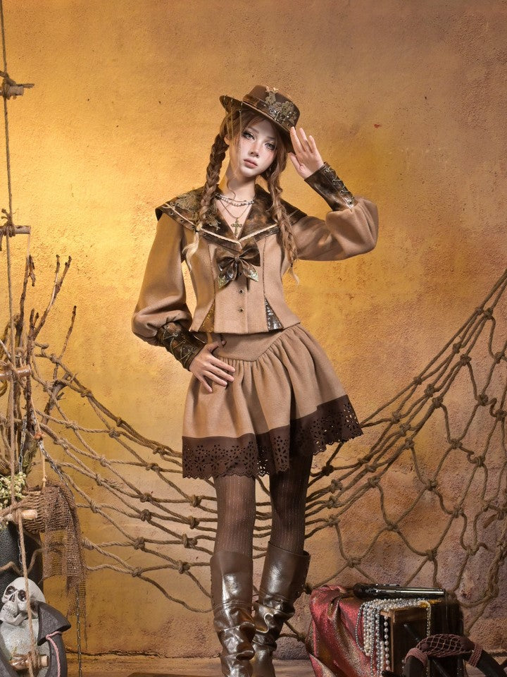 V-Waist with Skirt Khaki Hem Floral Cut-out Brown Suede Steampunk
